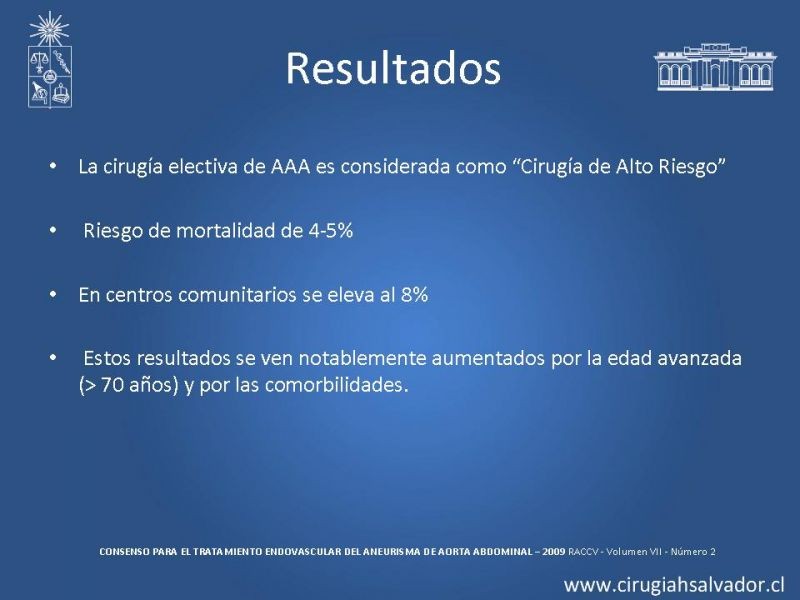 Diapositiva 5 de Resultados en el manejo de AAA infrarrenal (EVAR) 