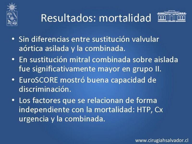 Diapositiva 16 de Resultados de la cirugía cardíaca valvular y/o coronaria en octogenarios. Temprana y tardía