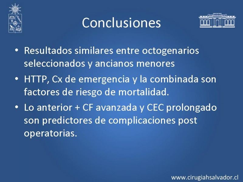 Diapositiva 23 de Resultados de la cirugía cardíaca valvular y/o coronaria en octogenarios. Temprana y tardía