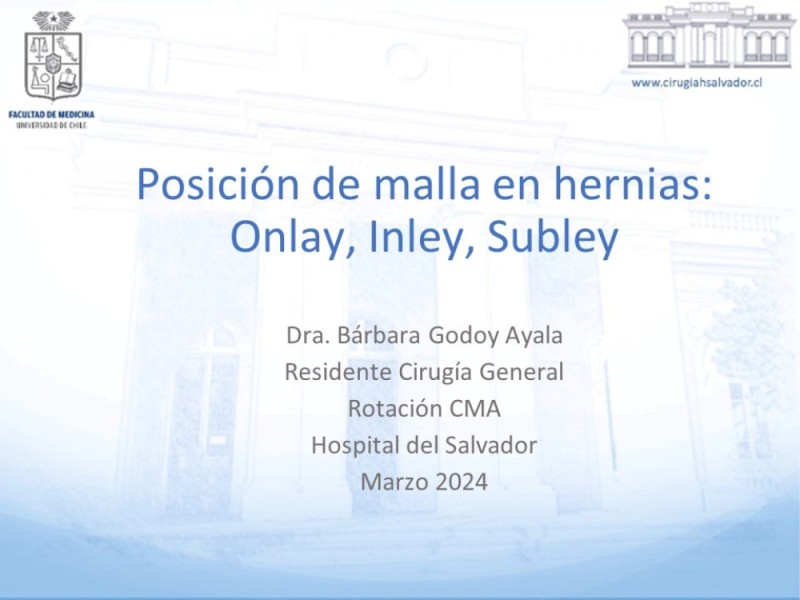 Diapositiva 33 de Posición de malla en hernias: Onlay, Inley, Subley