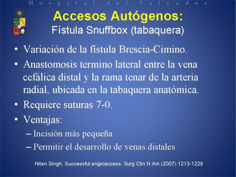 Diapositiva 17 de Reunión de Técnica Quirúrgica: Accesos Vasculares para Hemodiálisis