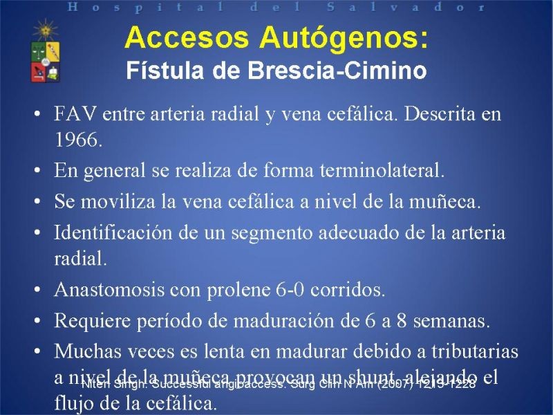 Diapositiva 12 de Reunión de Técnica Quirúrgica: Accesos Vasculares para Hemodiálisis