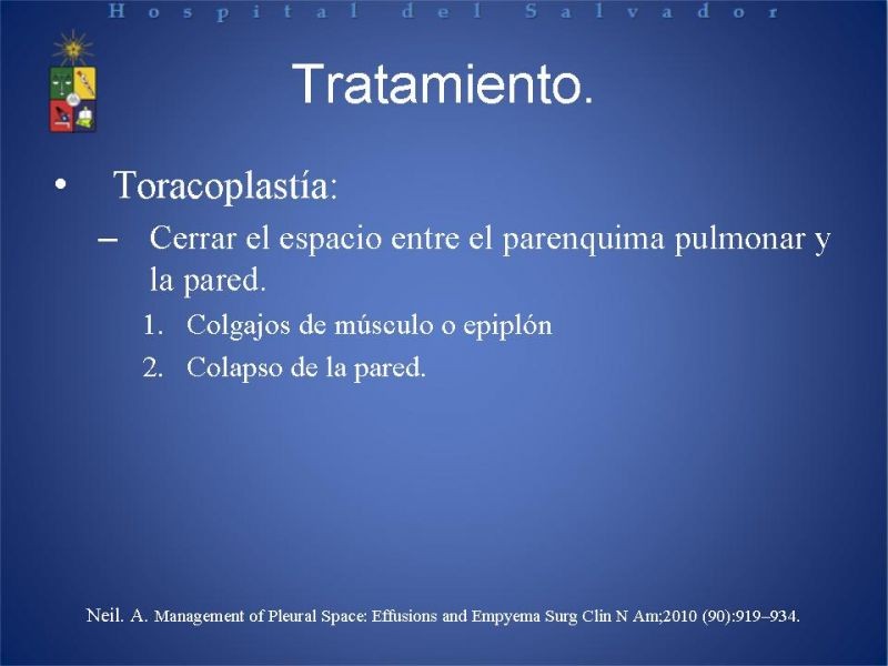 Diapositiva 23 de Empiema Pleural: Paraneumónico, posquirúrgico y post resección pulmonar. Tratamiento quirúrgico.