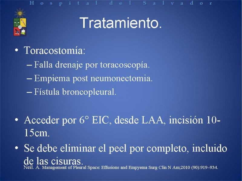 Diapositiva 18 de Empiema Pleural: Paraneumónico, posquirúrgico y post resección pulmonar. Tratamiento quirúrgico.