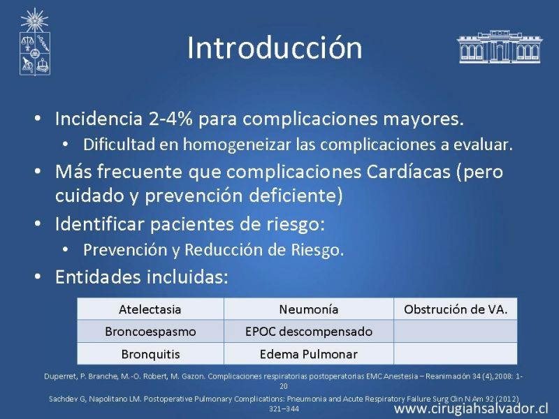 Diapositiva 1 de Complicaciones Respiratorias en el Postoperatorio: Neumonía y Falla Ventilatoria